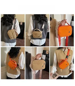 Detailed views of versatile nylon crossbody bags in orange and khaki colors
