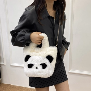 Sac seau en peluche panda mignon avec chaîne dorée pour femmes, design en fausse fourrure