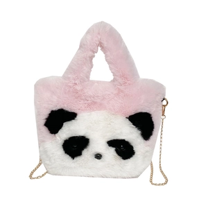 Sac seau panda rose en peluche avec fausse fourrure et bandoulière chaîne dorée
