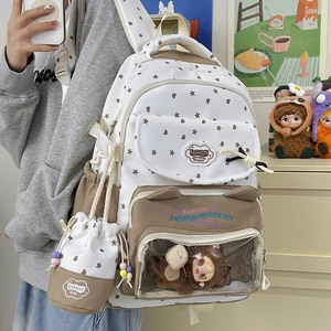 Star and heart pattern school backpack with clear window and plush toy display