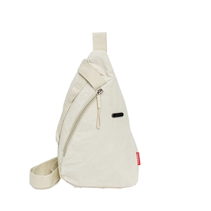 Minimalist beige nylon chest bag for women with fashion label and zipper detail