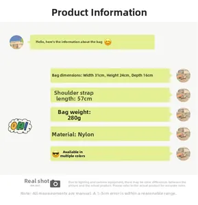 Detailed size chart for the large nylon crossbody bag with dimensions and weight info