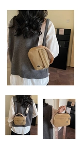 Three-way carry view of khaki nylon crossbody bag showing shoulder and handbag modes