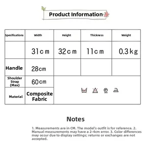 Guide des tailles pour sac cabas avec dimensions 31x32x11cm et infos matière