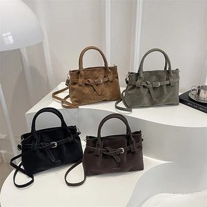Vintage faux suede tote bag set in camel, green, black and brown with shoulder straps