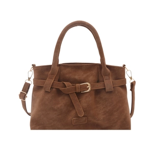 Vintage brown suede tote bag with top handles and adjustable shoulder strap for women