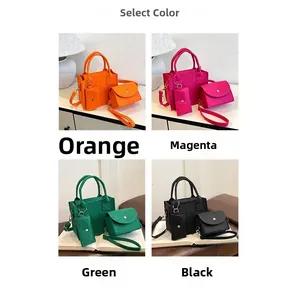 Detail view of the 3-piece quilted felt handbag set in orange, pink, green and black