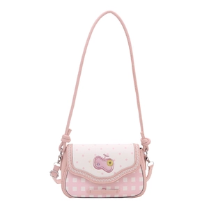 Pink checkered crossbody bag for kids featuring apple patch and adjustable shoulder strap