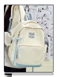 Detail of cream white oxford backpack with light blue lace ribbons and ribbon handles