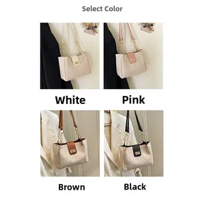 Detailed grid view of woven tote bags in white, pink, brown and black with chain straps