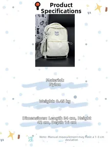 Detailed size chart for the white nylon backpack with black base showing dimensions and weight