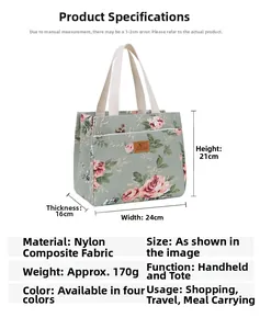 Detailed size specifications of the green floral bucket tote showing dimensions and weight