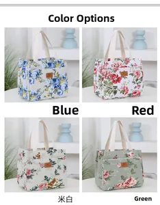 Four floral canvas lunch bags in blue, red, cream, and green displayed in a grid view