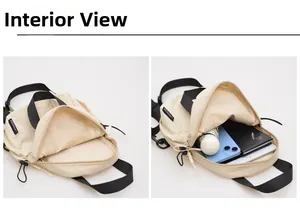 Detailed interior view of beige nylon backpack showing organized daily essentials storage