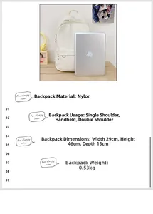 Detail view of cream nylon backpack specifications and laptop storage capacity dimensions