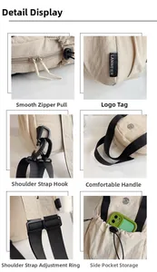 Detailed views of beige nylon backpack showing zippers, logo, strap hooks and side pockets