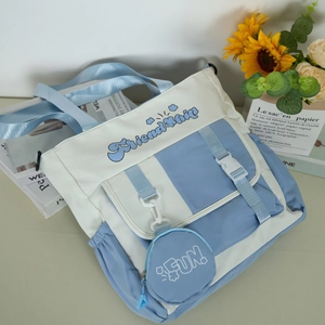 Sac bandoulière en toile bleu et beige avec imprimé Friendship et petit porte-monnaie