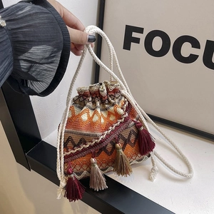 Damen Ethnisch Gewebt Kordelzug Beuteltasche Boho Quaste Umhängetasche Vintage Geometrisches Muster Reisen Schultertasche