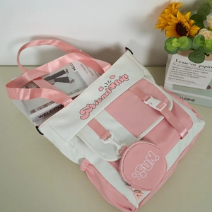 Sac fourre-tout en toile bicolore rose et blanc avec broderie Friendship et mini pochette