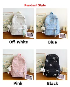 Detailed grid showing four colors of quilted bow backpacks with cloud charms