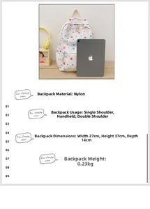 Detailed view of white nylon star print backpack with dimensions 27x37x14cm and 0.23kg weight