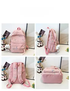 Pink quilted backpack for teen girls showing front, side, and back anti-theft views