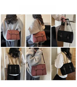 Collage of model carrying vintage faux suede crossbody bags in brick red and black colors