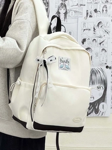 Close-up of cream canvas backpack with lace bow and black base in a comic style setting