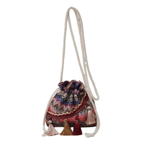 Ethno-Stickerei-Beuteltasche mit bunten Quasten und Seil-Schultergurt für Damen