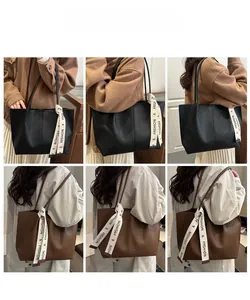 Detail shots of large leather tote bags in black and brown with fashion ribbon accents