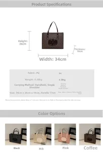 Detailed chart showing PU leather tote bag dimensions and four available color options