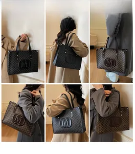 Detail showing various views of a large monogram tote bag with leather straps for daily use