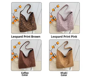 Detailed grid view of leopard print and solid suede tote bags in various autumn colors
