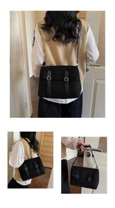 Detailed views of black faux suede shoulder bag with twin strap buckle flap closure