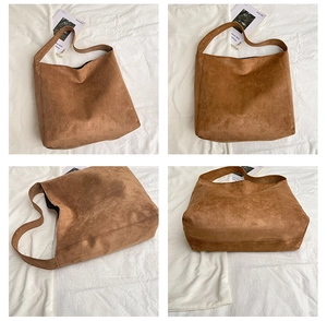Detailed views of a large brown faux suede tote bag showing front, side and bottom panels