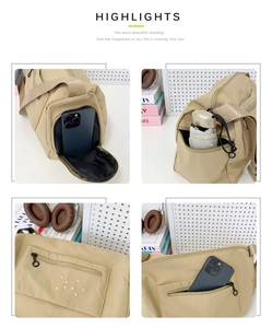 Detail view of khaki nylon bag showing waterproof material and side pockets for umbrella