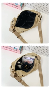 Detail view of khaki nylon bag interior showing large capacity and multi-pocket compartments