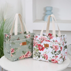 Floral Canvas Handbag Rural Rose Print Lunch Box Bag Large Capacity Portable Tote For Women Office Picnic Travel