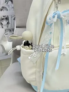 Detail of backpack side pocket showing capacity for a foldable umbrella and ribbon decor