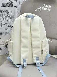 Back view of cream school backpack featuring light blue straps and hidden zipper pocket