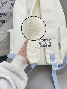 Close-up of the breathable honeycomb mesh straps on this ergonomic white backpack