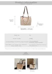 Detailed size specifications for women's PU leather tote bag with pearl chain details
