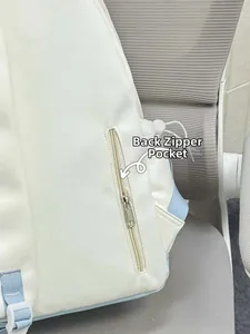 Detail of the anti-theft zipper pocket on back of the lightweight cream canvas backpack
