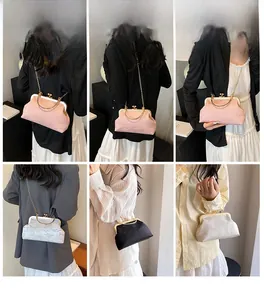 Detailed shots of vintage shell bags in various colors featuring metal clasp and jacquard fabric