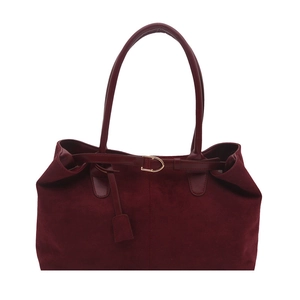 Large burgundy suede tote bag for women with long handles and decorative buckle detail