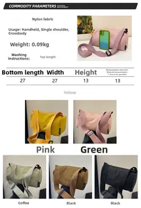 Detailed size chart and specifications for lightweight nylon crossbody bag in five colors