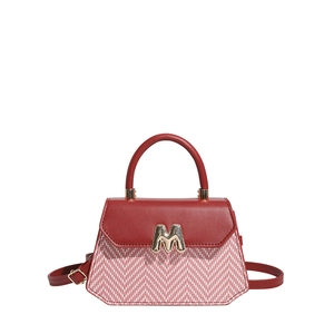 Women's red and chevron tweed trapezoid handbag with gold M-shaped metal clasp