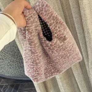 Chic pink leopard print faux fur tote bag with stylish plaid lining for women