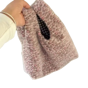 Chic pink leopard print plush handbag with trendy checkered lining for casual daily use