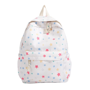 White star print school backpack for girls with colorful patterns and zip pockets